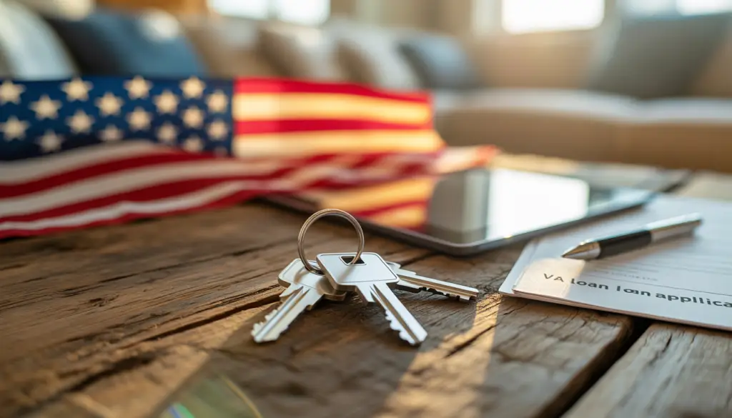 A proud military family smiling warmly on the front porch of their newly purchased home, financed with a zero down payment VA loan through Doos Mortgage