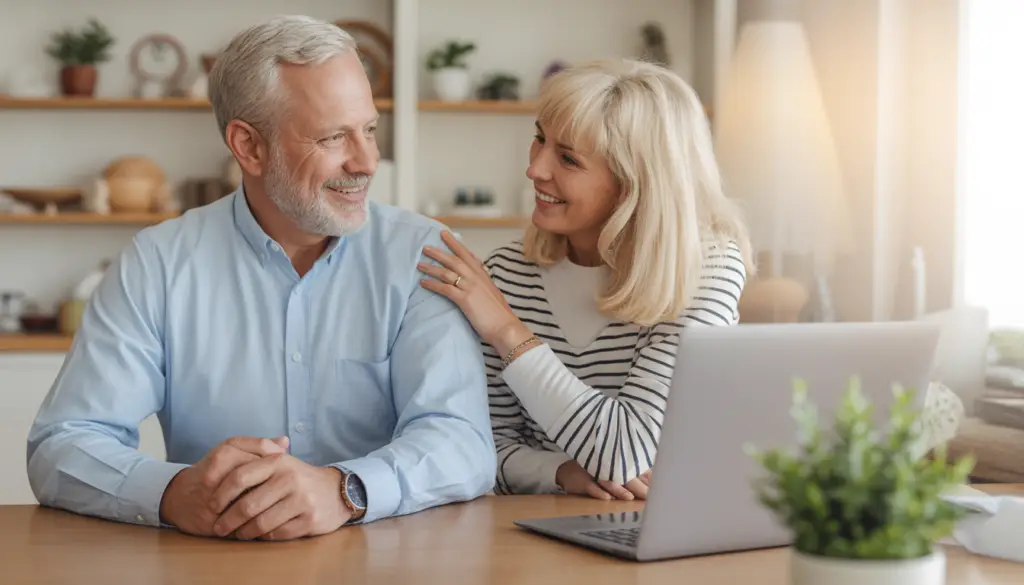 A happy senior couple relaxing on the porch of their beautiful, well-maintained suburban home, representing financial freedom in retirement.