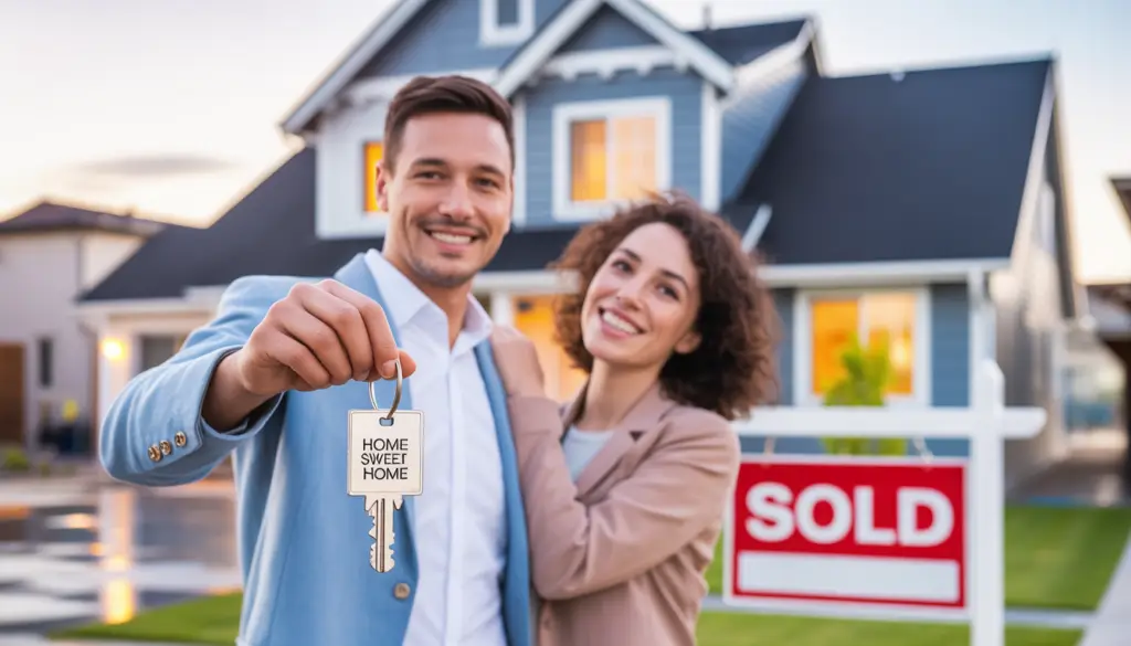 Happy first-time homebuyers standing in front of their new house, a perfect example of using an FHA loan to achieve homeownership.