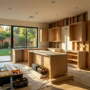 A homeowner happily reviewing a home renovation blueprint on a laptop at a beautiful kitchen island, smiling after confidently securing a flexible HELOC from Doos Mortgage