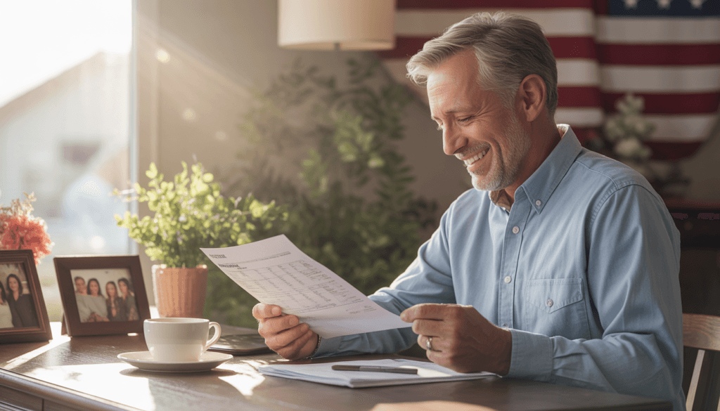 A happy veteran reviewing their lower monthly mortgage statement after effortlessly securing a VA IRRRL
