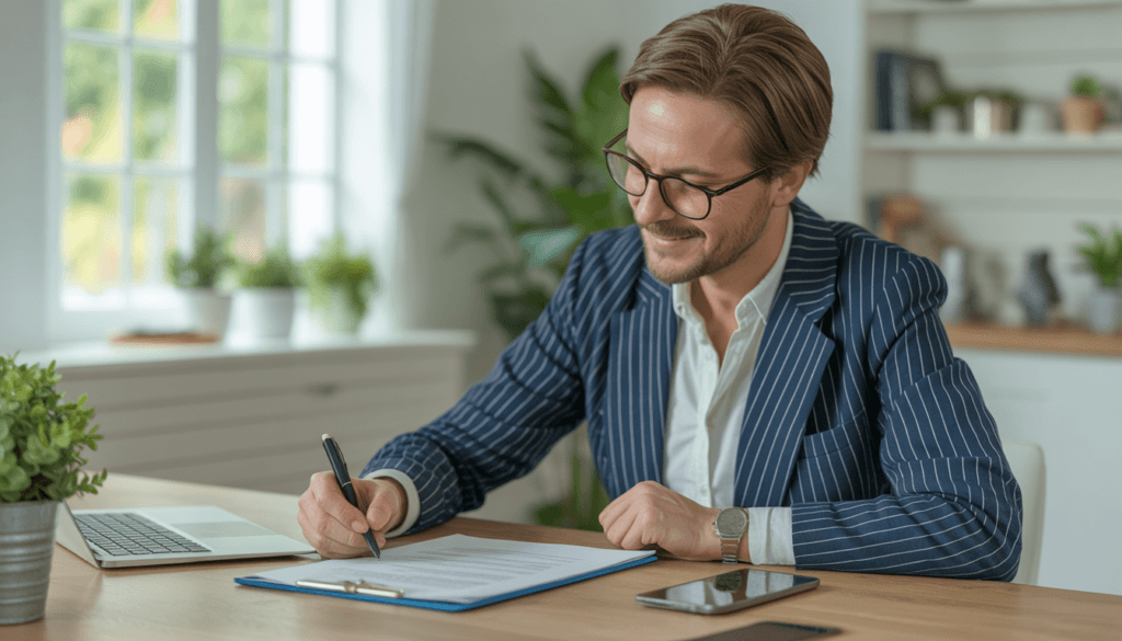 A relieved homeowner securely signing documents to confidently lower their monthly payment with a Rate-and-Term Refinance