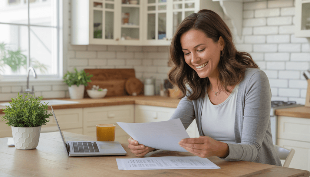 A smiling homeowner reviewing paperwork for a cash-out refinance with Doos Mortgage at their kitchen table, planning a home renovation project.
