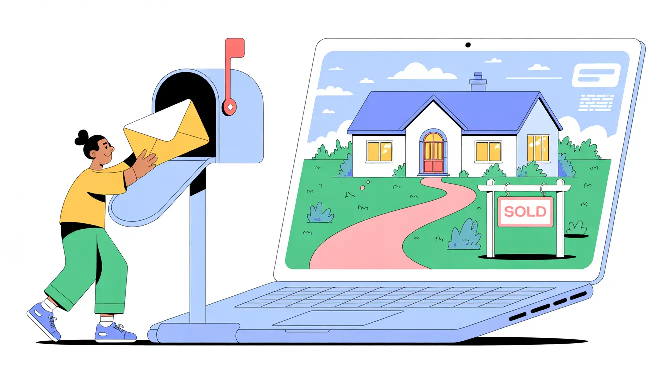 Cartoon illustration of a friendly mortgage broker helping a client through the digital application process toward their new home