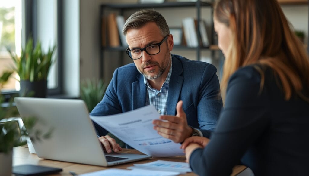 A confident real estate investor reviewing property cash flow reports on a laptop while discussing a DSCR refinance with a Doos Mortgage professional.