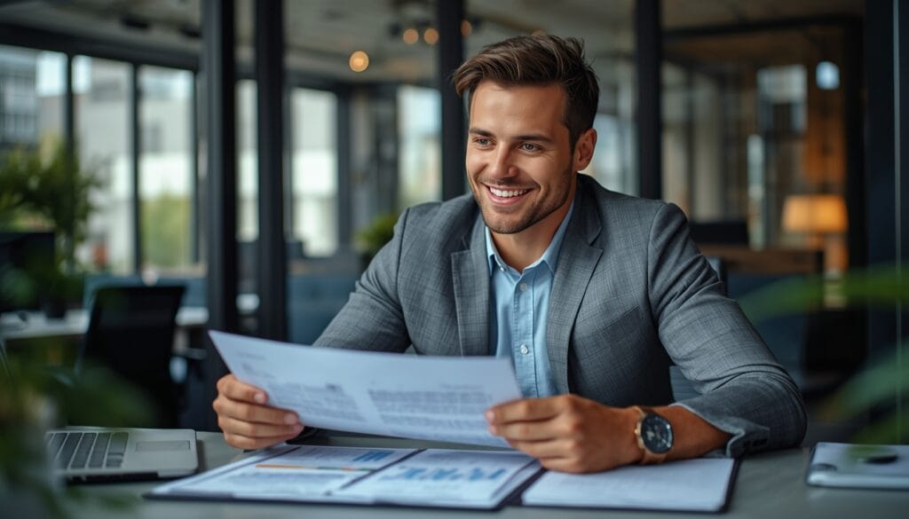 A confident self-employed business owner reviewing financial documents at a modern desk, smiling after securing a bank statement refinance with Doos Mortgage.