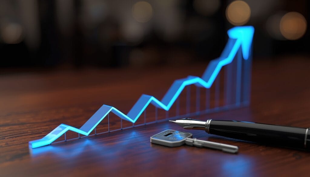 A 3D financial graph on a dark wooden desk showing a blue line that begins steady and then splits into several possible upward and downward paths. A silver house key lies nearby, symbolizing the connection between market fluctuations and homeownership