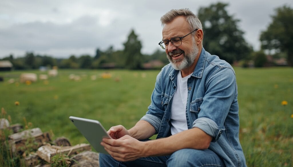 A relieved homeowner sitting on their rural property, happily reviewing a lower monthly mortgage statement