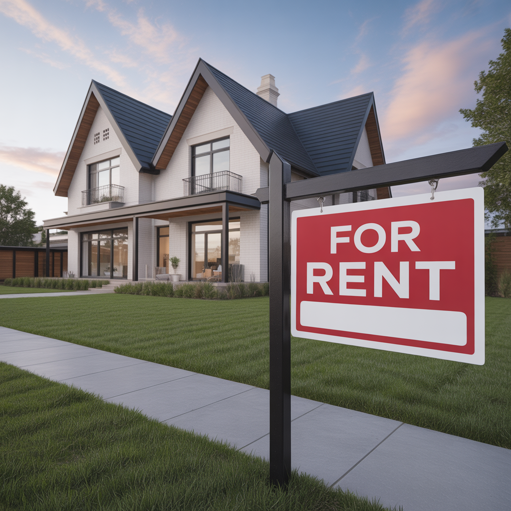 : A beautiful modern investment property featuring a prominent 'For Rent' sign, representing the immense wealth-building power of a DSCR loan from Doos Mortgage.