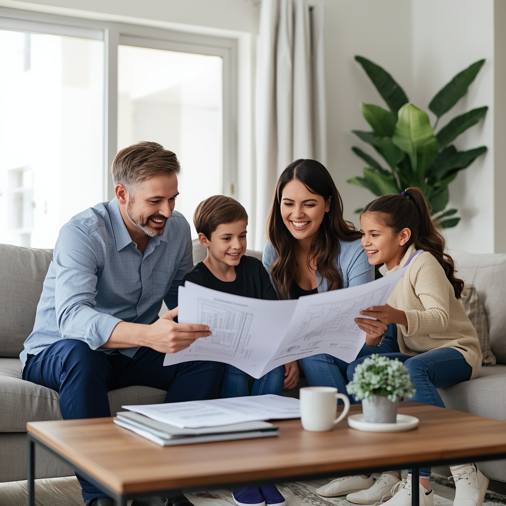 A happy family reviewing exciting home renovation plans in their newly updated living room, made possible by a Doos Mortgage home equity loan.