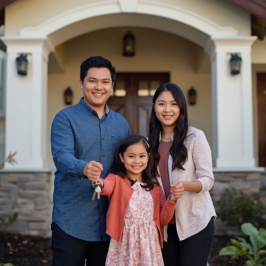 A joyful California family standing in front of their newly purchased home, holding the keys they secured through the Dream For All Shared Appreciation Loan from Doos Mortgage.