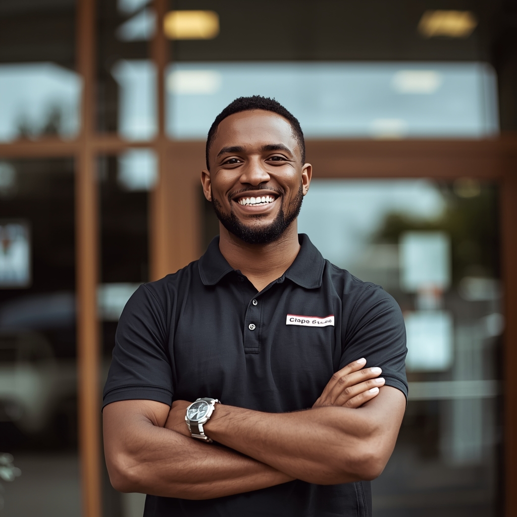 A small business owner smiling confidently in front of their storefront after securing an SBA loan from Doos Mortgage.